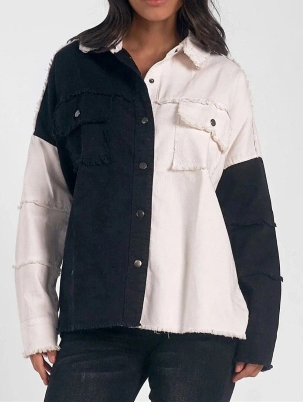 Elan Women's Long Sleeve Jean Jacket Black and White L